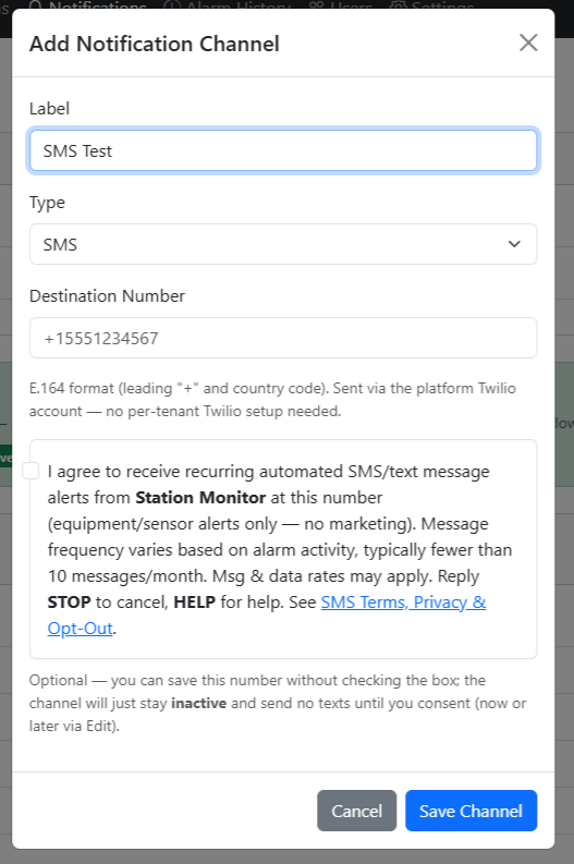 Station Monitor notification settings showing an unchecked SMS consent checkbox, optional consent language, frequency, rates, STOP and HELP disclosures